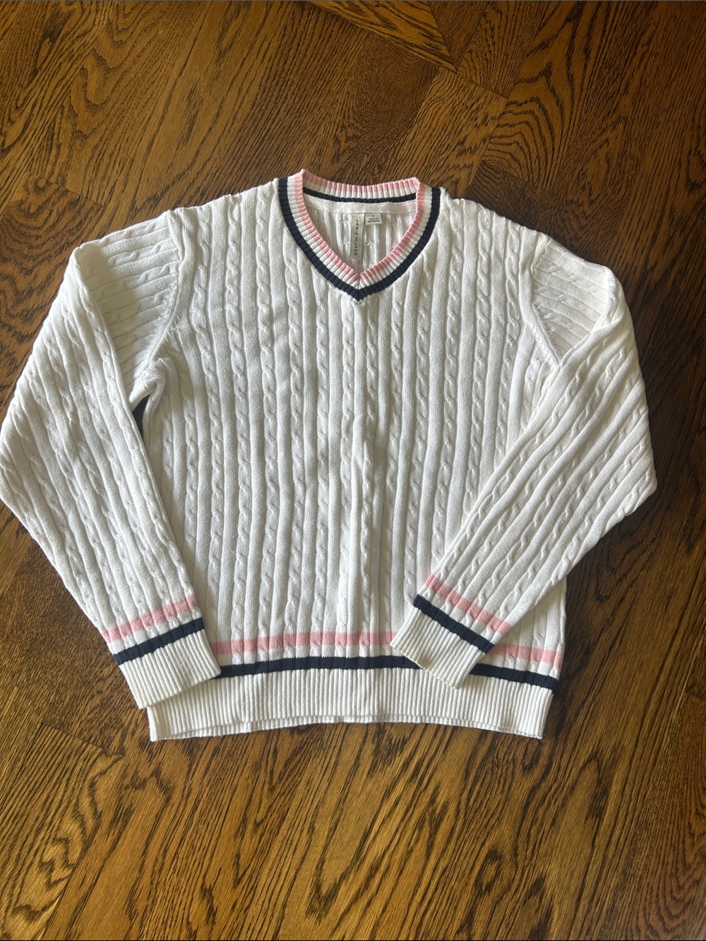 Janie and Jack White Cable-Knit V-Neck Sweater with Pink & Navy Trim